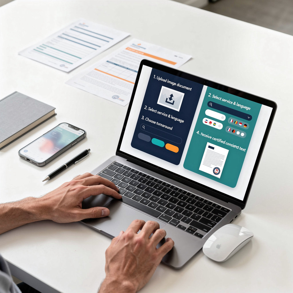 Image Translator process flow - upload, select service, choose turnaround, receive certified translation